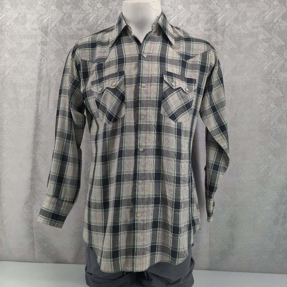 Vintage Dee Cee Brand Shirt Men 15.5 Medium Plaid Gray Black Sawtooth Pearl Snap
